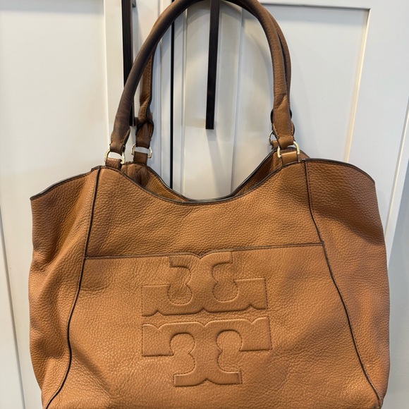 Tory Burch Bombe Tan Leather Large Tote Shoulder Bag Flaws - Picture 1 of 12